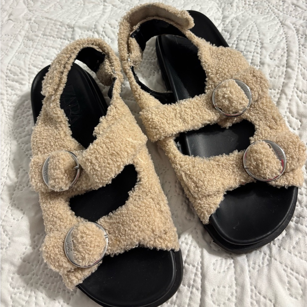 Zara Beige Teddy Buckle Sandals